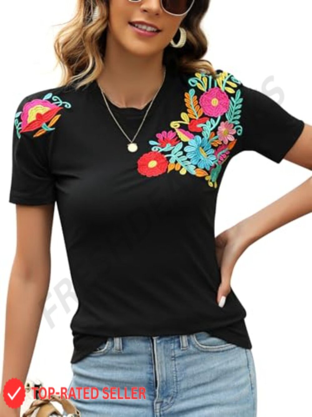 Embroidered Floral Tunic Top Short Sleeve Round Neck Summer Blouse